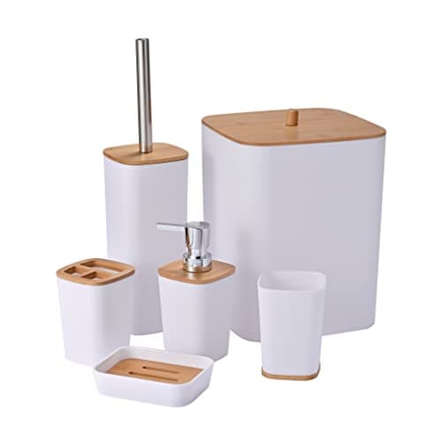 Image of Yorkmills 6 Pieces Bamboo Bathroom Accessories set, Bathroom Accessory set, Bathroom Bin Toilet Brush Set, Durable Toothbrush Holder Cup, Soap Dispenser With Pump, Soap Dish Holder, Modern Trash Can