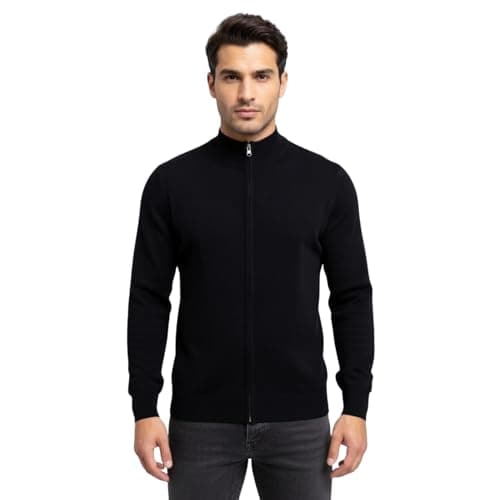 Image of kraftd Mens Sweatshirt Zip Full Zip Funnel Neck Knitted Cardigan Long Sleeve Casual Lightweight Knitwear Sweater Sweatshirts with Ribbed Cuffs (Black, L)