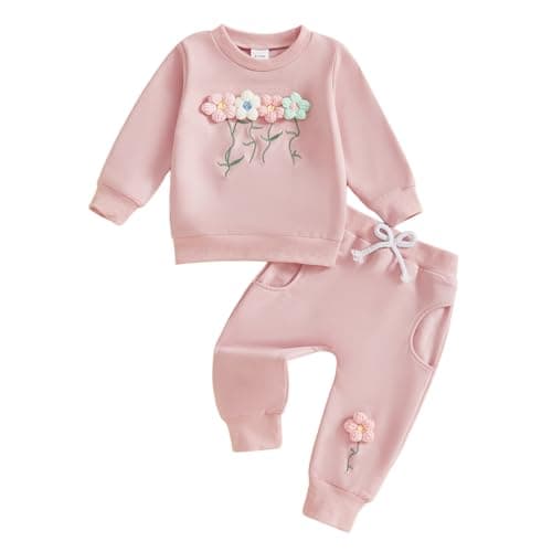 Image of Barbotimer Toddler Baby Girl Fall Winter Clothes 3D Flower Embroidery Sweatshirt Long Sleeve Pullover Tops Jogger Pants Cute 2Pcs Sweatsuit Tracksuit Set (Pink, 2-3 Years)
