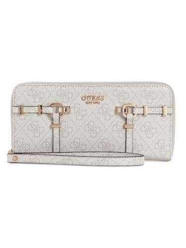 Image of GUESS Purse Leona Logo SLG Zip Around Wallet Bone Logo Creme-White