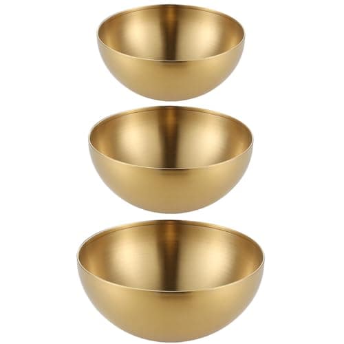Image of Bhina Pack of 3 Large Golden Korean Style Rice Bowl, Korean Stainless Steel Bowl, Salad Bowl, Mixing Bowl, Stainless Steel, Capacity for Salads, Pasta, Soups, Rice, Fruit (15 cm, 20 cm, 25 cm)