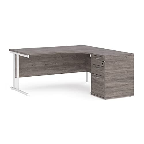 Image of Mr Office Maestro 25 right hand ergonomic desk with white cantilever frame and desk high pedestal bundle, Grey oak, 1600