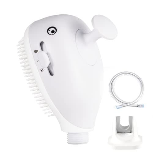 Image of Baby Bath Shower Head Shark Bath Sprayer for Kids with Soft Silicone Brush, with 1.5m PVC Shower Hose and Hand Shower Holder White Color