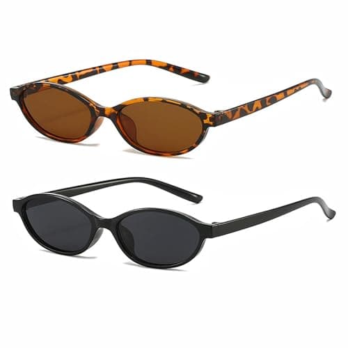 Image of FSMILING 2Pack Small Retro Oval Cat Eye Sunglasses Womens Glasses Vintage Thin 90S Trendy Narrow Sunglasses for Womens Ladies
