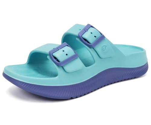 Image of ONCAI Womens Recovery Sandals 2026 with Arch Support Plantar Fasciitis Orthotic Adjustable Buckle Open Toe Thick Cushion Outdoor Sport Slides Athletic Comfort Rubber Soles Blue/Purple Size UK 5