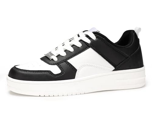 Image of LUCKY STEP Women Fashion Sparkle Rhinestone Sneakers White Leather Low Top Tennis Shoes Lace Up Casual Comfortable Walking Shoe (Black/White, 8US-38EU-5UK)