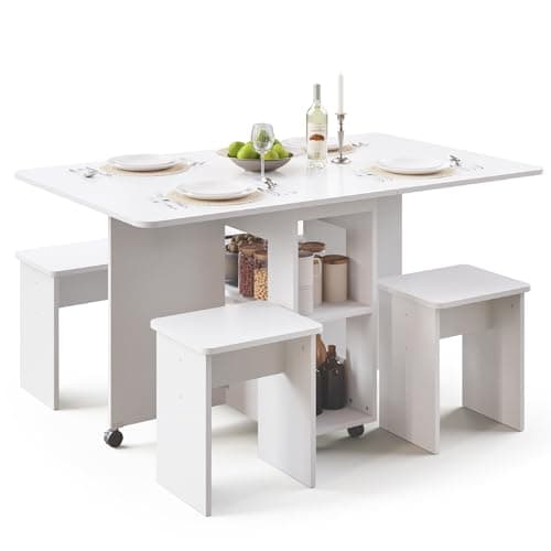 Image of Mondeer Folding Dining Table and Chairs Set 4, Drop Leaf Table for Small Spaces with 4 Chairs, Foldable Table with Storage Shelf, for Kitchen Dining Room (White)