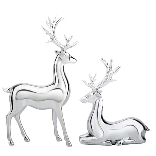 Image of ESSECMBS 2PCS Reindeer Figurine Statue Silver Deer Sculpture Desktop Ornament Resin Elk Office Decoration Indoor Home Table Craft (Silver, 2Pcs)