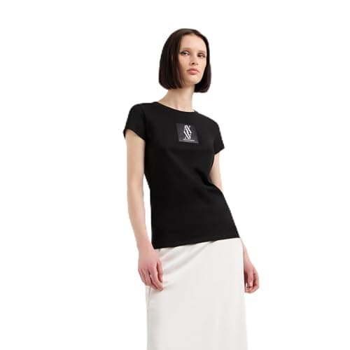 Image of Armani Exchange Women's Slim Fit Silk Patch Monogram Logo Tee T-Shirt, Black, XXL