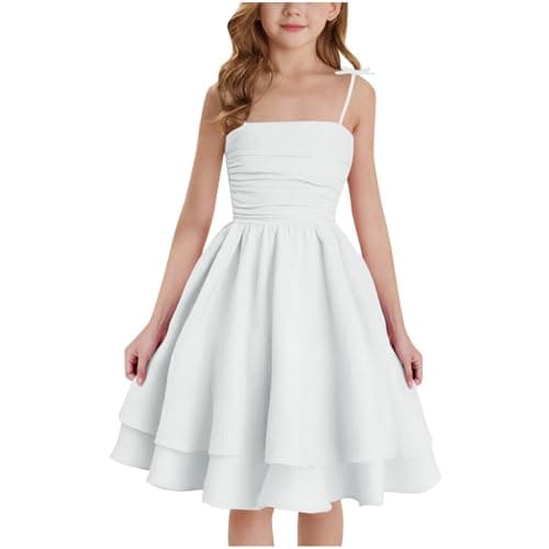 Image of duxyoz Spring Summer Dresses for Girls UK Square Neck Off Shoulder Sundress Kids Smocked Tiered Layered Princess Party Dress Casual A-Line Cami Dresses Flower Girl Mini Dress 9-10 Years White