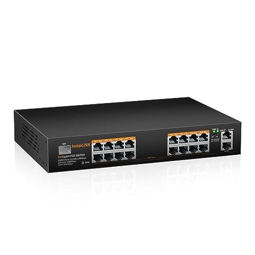 Image of keepLiNK 18 Port Gigabit PoE Switch, 16 Gigabit PoE+ Ports, 2 Gigabit Uplink, 1 SFP Slot, 240W 802.3af/at, Unmanaged Network Switch with AI Watchdog, VLAN Mode, Desktop or Rack Mount