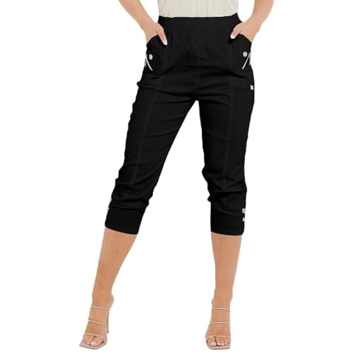 Image of Women Cherry Berry Capri 3/4 Trousers, Ladies Elasticated Cotton Stretch Cropped Bottom Pants (Black, 16)