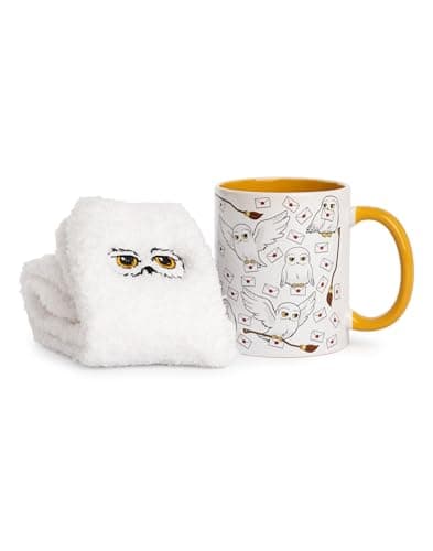 Image of Harry Potter Womens Mug and Sock Set | Adults Hedwig Snow Owl Graphic Print Calf Socks & Ceramic Mug in White | Ladies Nimbus 2000 Broomstick and Letter Hot Drinks Mug | Wizard Movie Merchandise Gift