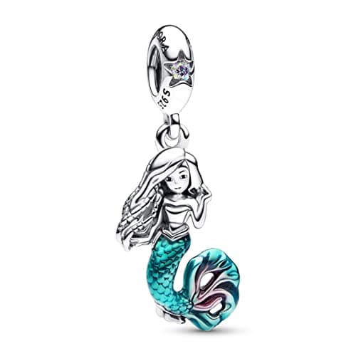 Image of Pandora Disney The Little Mermaid Ariel sterling silver dangle with auro borealis clear cubic zirconia, transparent teal and cerise enamel