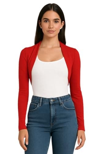 Image of STAR FASHION Womens Long Sleeve Shrug Bolero Cardigan Ladies Cropped Open Front Lightweight Summer Cover Up Top Mini Blouse Jacket Red 12-14