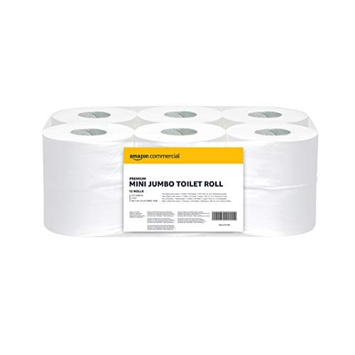 Image of AmazonCommercial Mini Jumbo Toilet Roll, 2-ply Premium, 12 Rolls (1 pack), 557 Sheets per Roll, Sheet Size: 30.5 x 9 cm, T2 Dispenser Compatible