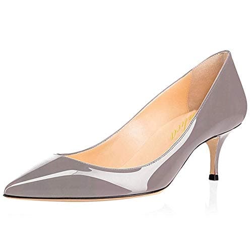 Image of Women's Pointed Toe Patent Leather Elegant Comfort Slip On Kitten Heel Dress Court Shoes Grey Size 43