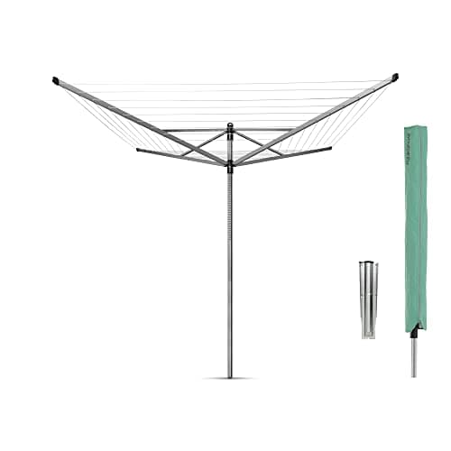 Image of Brabantia - Lift-O-Matic - 50 Metres of Clothes Line - Adjustable in Height - UV-Resistant & Non-Slip Lining - Umbrella System - with Ground Spike 45 mm & Cover - Metallic Grey - ø 295 cm