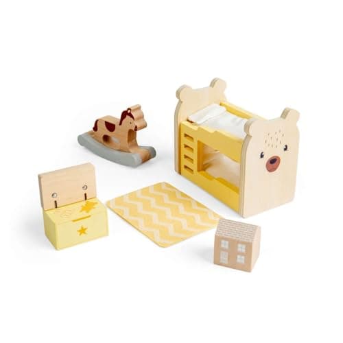 Image of Bigjigs Toys Kids Bedroom Set | Wooden Dolls House Furniture | Accessories for Children's Dollhouse | Miniature Doll Room Playset with Wood Bunk Bed, Toy Chest & Rug | Gifts for 3+ Year Old Children