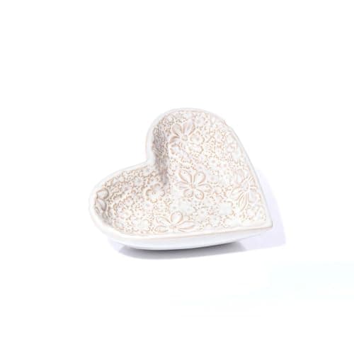 Image of Small Ditsy Floral Heart Trinket Dish | 14x13cm White Stoneware Jewellery Dish with Embossed Flower Design for Bedroom and Home Decor