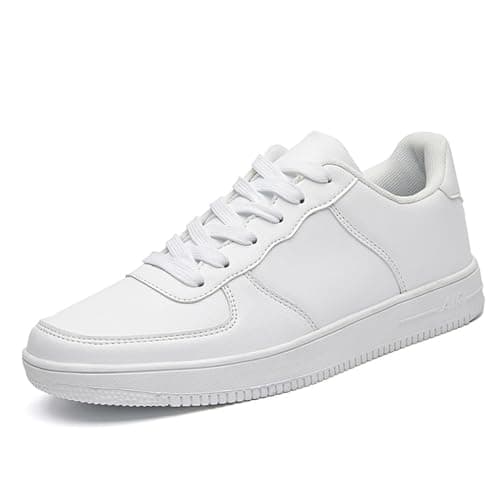 Image of VLOOKST Women Classic Retro Gum Sole Fashion Sneakers Leather Low Top Tennis Shoes Anti Slip Trainers Casual Comfortable Walking Shoe White