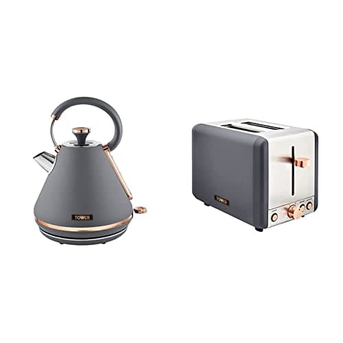 Image of Tower T10044RGG Cavaletto Pyramid Kettle with Fast Boil, Grey and Rose Gold & T20036RGG Cavaletto 2-Slice Toaster with Defrost/Reheat, Stainless Steel, 850 W, Grey and Rose Gold