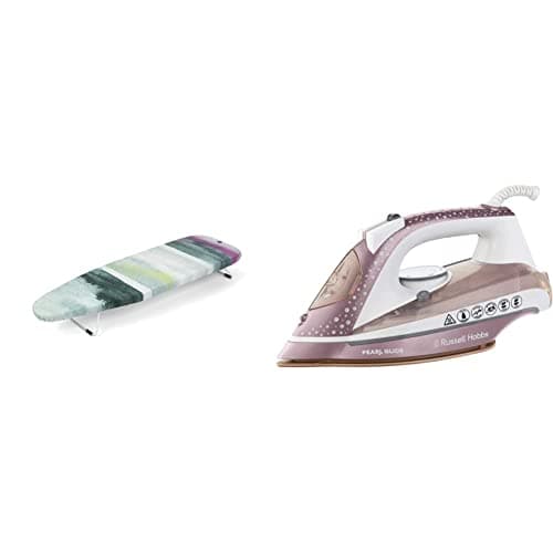 Image of Brabantia Table Top Ironing Board Size S (95 x 30cm) Compact Flat-Folding Steam Iron Table & Russell Hobbs Pearl Glide Steam Iron with Pearl Infused Ceramic Soleplate, 315 ml Water Tank