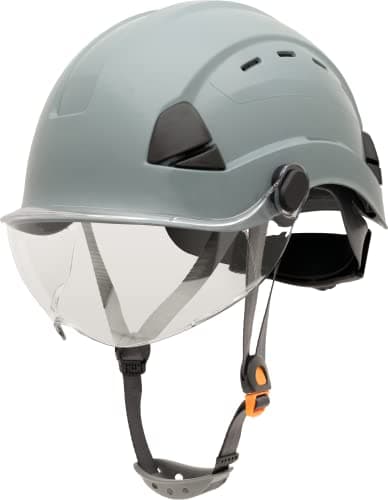 Image of Honeywell Fibre Metal Safety Helmet with Visor, Hard Hat for Construction, Vented, 4-point buckle chinstrap, 6-point ratchet suspension, Resistant to extreme temperatures, Grey, FSH11009E