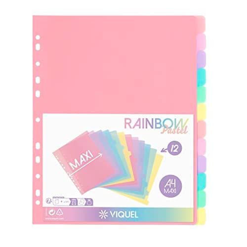 Image of Viquel - Pack of 12 Plastic Rainbow Pastel Dividers - Maxi Format (24.5 x 30.5 cm) - for A4 Maxi Format or Lever Arch File - Pastel Colours