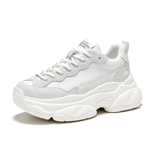 Image of BEAU TODAY Womens Chunky Sneakers, Chunky Shoes for Women, Lace up Comfortable Fashion Dad Sneaker, Off-white, 9.5