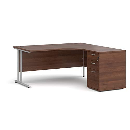 Image of Mr Office Maestro 25 right hand ergonomic desk with silver cantilever frame and desk high pedestal bundle, Walnut, 1600
