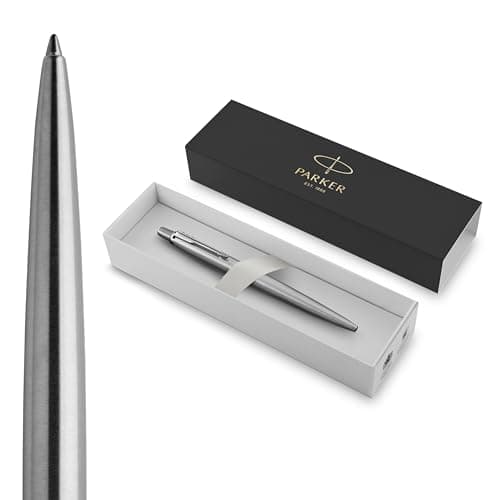 Image of Parker Jotter Ballpoint Pen | Stainless Steel with Chrome Trim | Medium Point | Handwriting Pens & Stationery Supplies | Blue Ink | Gift Box