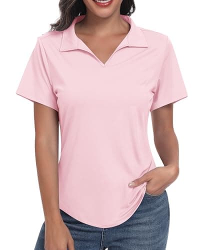 Image of JoyGirl Women's Short Sleeve Golf Polo Shirts UPF 50+ V-Neck T Shirts Lightweight Sports Tennis Shirts Moisture Wicking Gym Tops (Pink,XL)