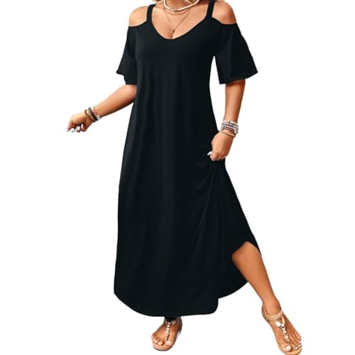 Image of Women Cold Shoulder Dresses Summer Casual V Neck Long Dress Short Sleeve Floaty Beach Dress Ladies Loose Fit Bohemian Swing Vacation Dresses for Night Out Party Holiday Black
