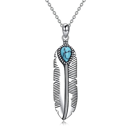 Image of KQF Feather Necklace for Women Sterling Silver Feather Jewellery Turquoise Jewellery for Men Women Girls Boys