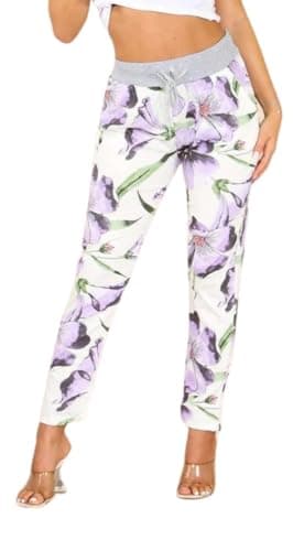 Image of WearAll Women’s Hibiscus Print Jogger Sweatpants Ribbed Waistband Trousers Ladies Causal Summer Joggers Drawstring Italian Gym Running Pants Purple 16-18