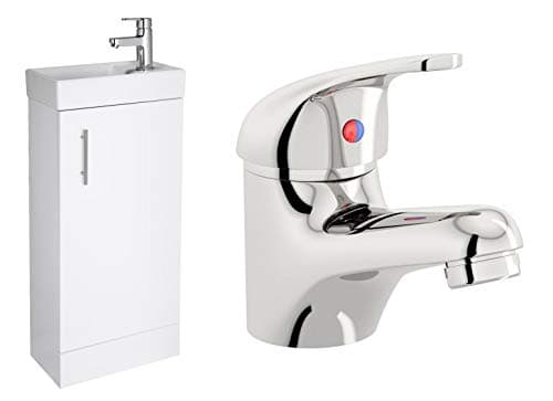 Image of VeeBath Sheen High Gloss White 400mm Compact Cloakroom Vanity Unit with Egham Designer Chrome Mixer Sink Basin Tap (Assembled)