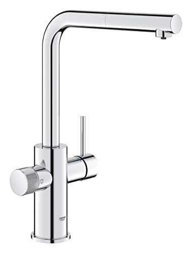 Image of GROHE Blue Pure Minta – Kitchen Sink Mixer Tap for Filtered Water (High L-Shaped 360° Swivel Spout with Pull-Out Function, Separate Inner Water Ways, Tails 3/8 Inch, Easy to Fit), Chrome, 30601000