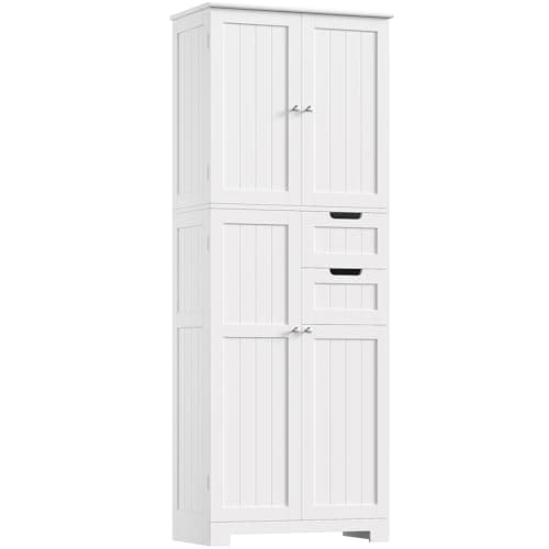 Image of HOCSOK 164.5 cm Tall Bathroom Cabinet, Freestanding Storage Cupboard, Adjustable Shelves and Drawers, Wooden High Floor Cabinet Unit for Living Room Kitchen, White
