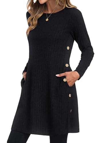 Image of GRECERELLE Womens Winter Jumper Dresses for Women UK Ladies Dresses Tunic Knitted Long Sleeve with Pockets Side Buttons Dress (Black, L)