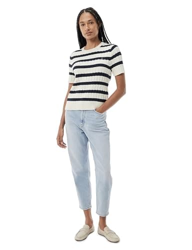 Image of Tommy Hilfiger Women’s Short Sleeve Cable Knit Jumper, Multicolor (Ivory Silk/Dark Night Navy STP), M