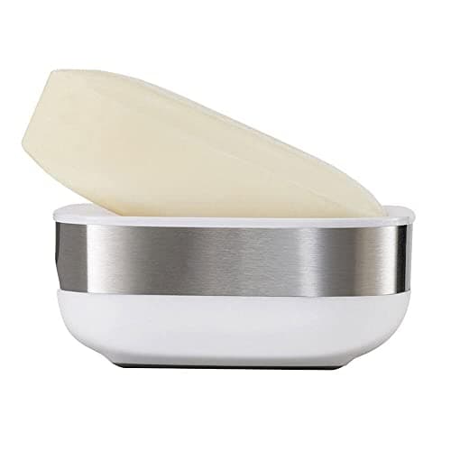 Image of Joseph Joseph Bathroom Slim, Compact, Soap Dish Holder with non-slip base - White/Steel, 12