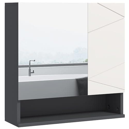Image of kleankin Bathroom Mirror Cabinet, Wall Mounted Bathroom Storage Cupboard with Adjustable Shelves, 55W x 17D x 55Hcm, Light Grey