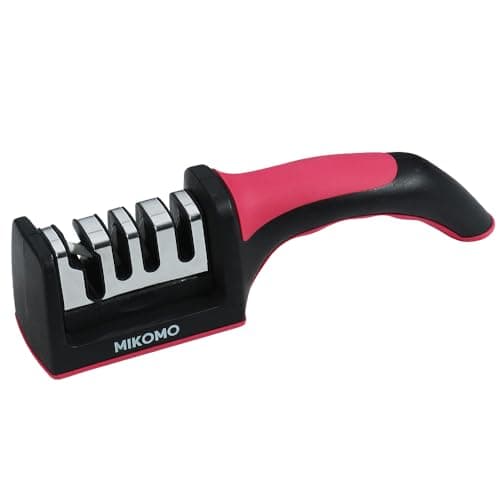 Image of MiKOMO Professional Knife Sharpener 4 in 1: Manual + Scissor Sharpener Ergonomic Handle Non Slip Black Red Chrome Kitchen Knives & More Unmatched Sharpness