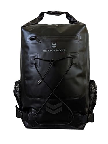 Image of Jackson & Cole Waterproof Backpack - 25L Dry Bag Backpack - Rolltop, Reflective, Webbing for Watersports, Motorcycling, Camping, Hiking, Boating, Fishing (Black)