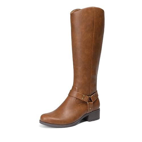 Image of DREAM PAIRS Boots For Women Knee High, Comfortable Pull On Side Zipper Buckle Riding Boots,Size 5,Brown,SDKB2312W