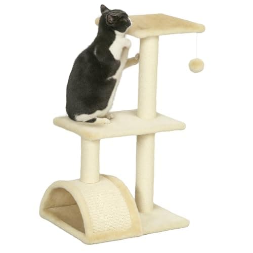 Image of PawHut Cat Tree Tower for Indoor Cats, 72cm Climbing Activity Centre w/Sisal Scratching Post, Pad, Arc Perch, Hanging Ball, Toy - Cream white