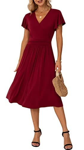 Image of GRECERELLE Womens Summer Wrap Dress Ladies Casual Ruffle Short Sleeve V-Neck Floral Beach Dresses for Women (03 Wine Red, M)