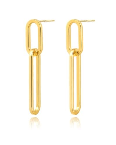 Image of Weviway 14K Gold Plated Chain Link Dangle Earrings for Women, Double Hoop Geometric Paperclip Drop Stud Earrings, Statement Jewellery Gift