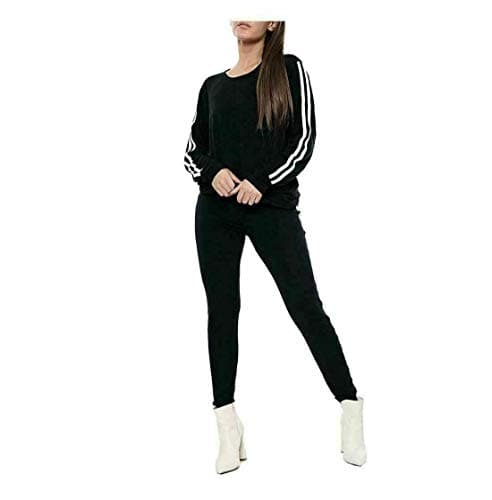 Image of Womens Ladies Long Sleeve Side Stripe 2 Piece Top Leggings Co-Ord Lounge Set (Black Side Stripe, UK 8-10)